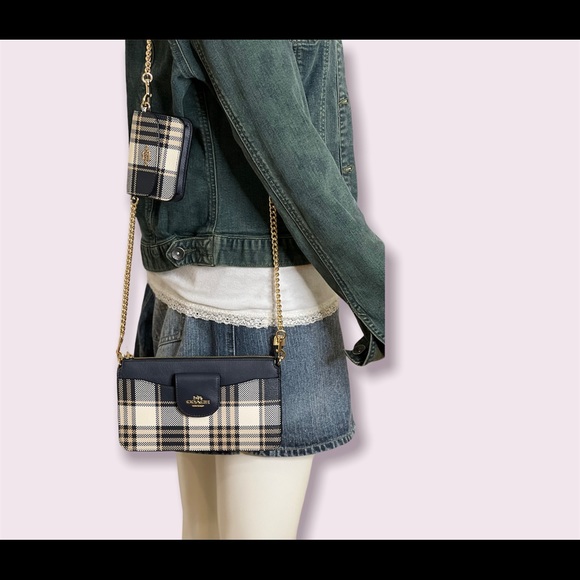 Coach Womens Crossbody Bag With Pouch Coin Bag Chain Strap Poppy Plaid Leather - Picture 11 of 15